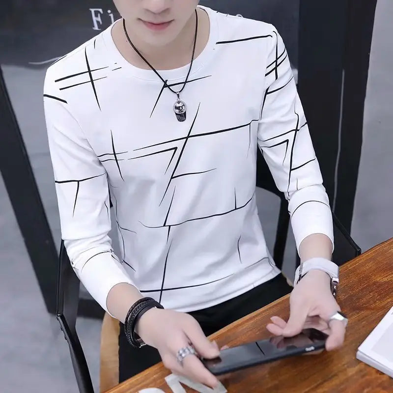 Men Long Sleeve Graphic T-Shirt Pink Korean Style New