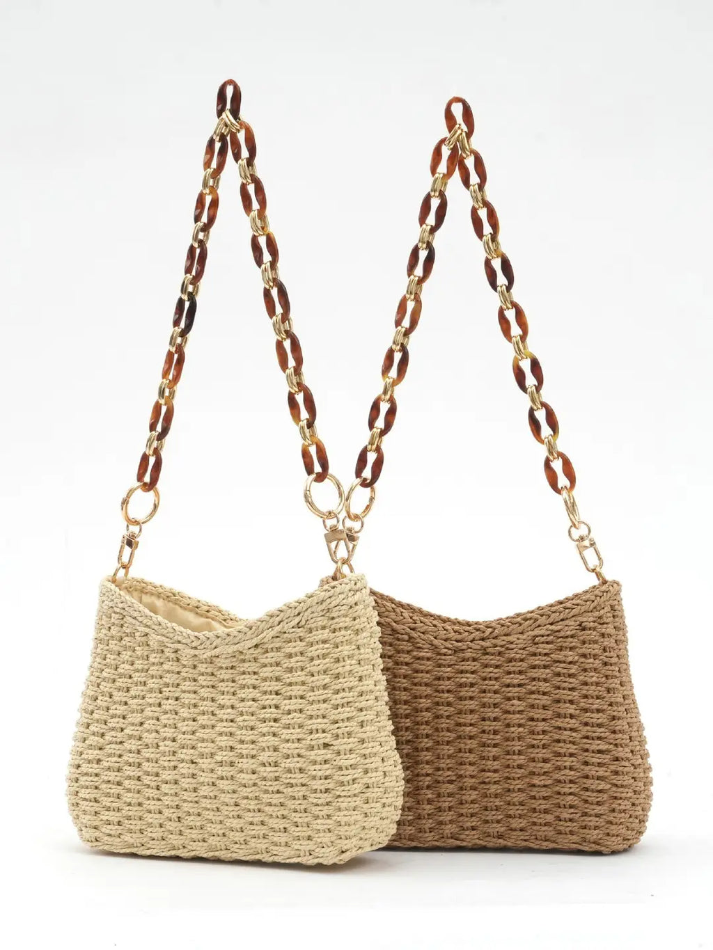 Handwoven Straw Chain Bag Cream Brown Adjustable Strap