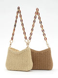 Handwoven Straw Chain Bag Cream Brown Adjustable Strap