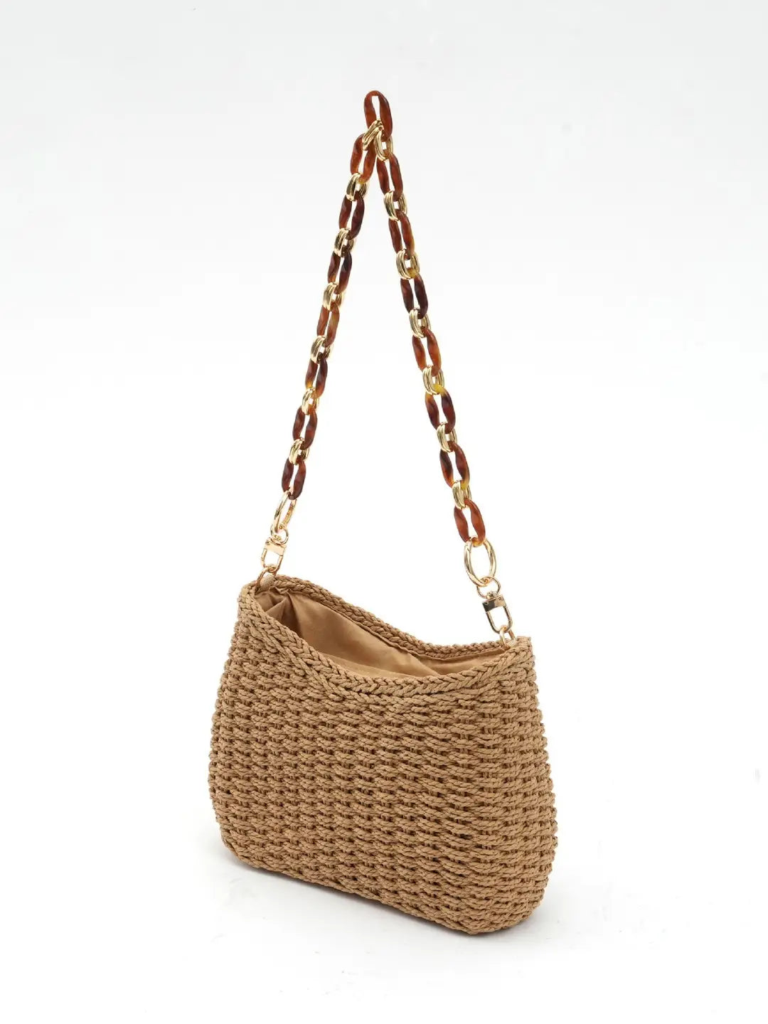 Handwoven Straw Chain Bag Cream Brown Adjustable Strap