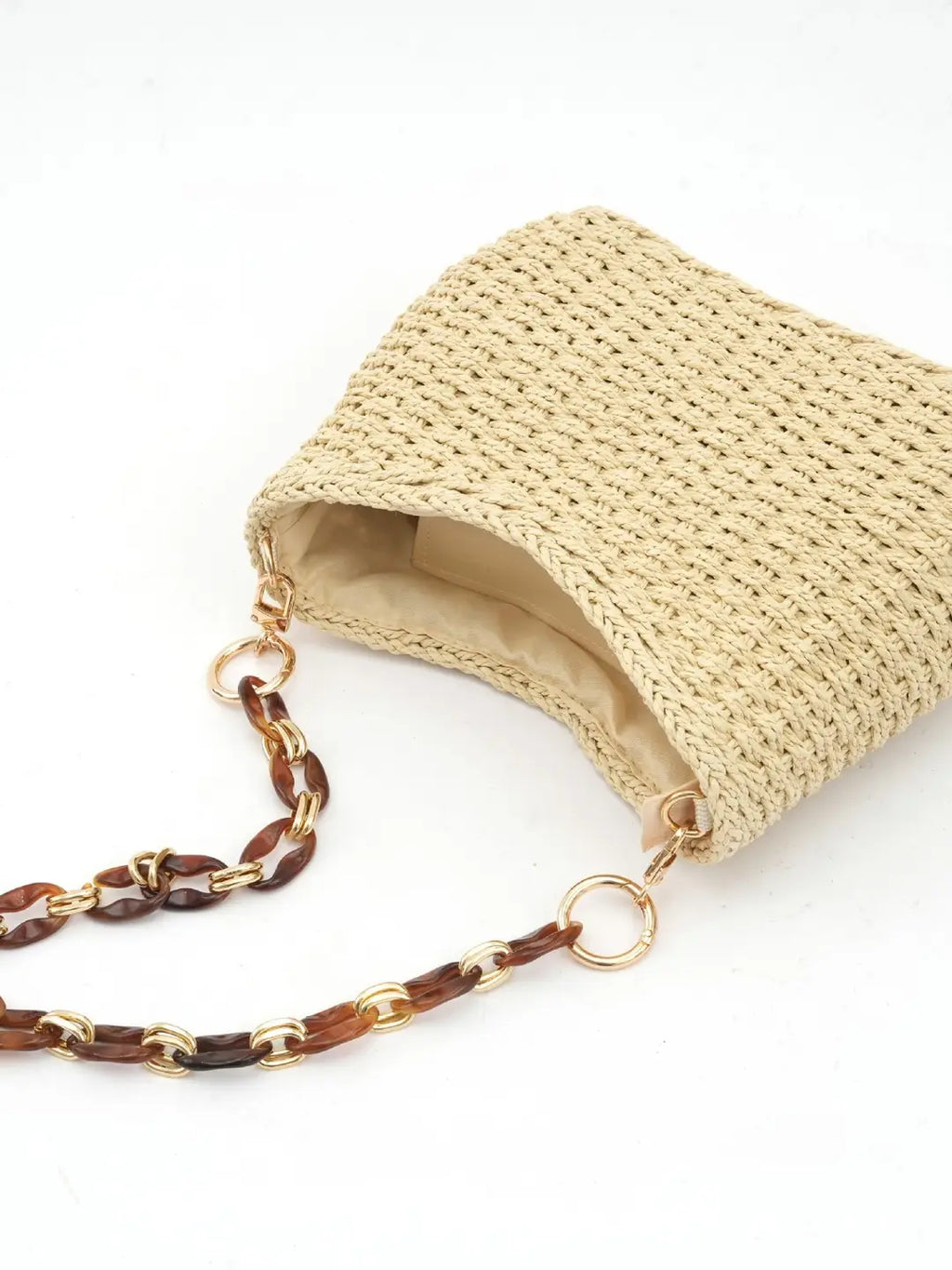 Handwoven Straw Chain Bag Cream Brown Adjustable Strap