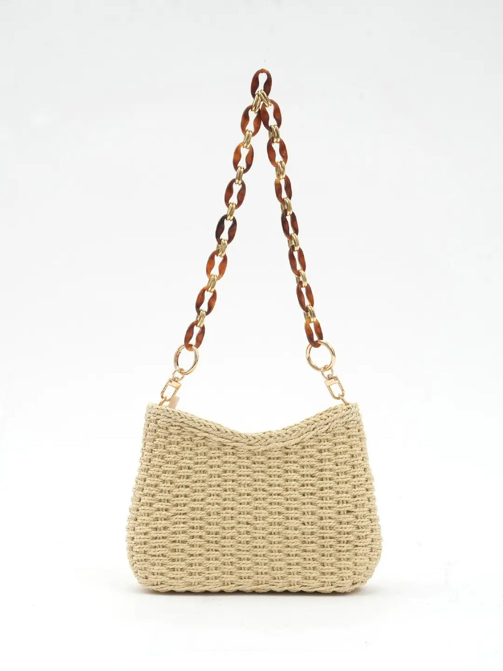 Handwoven Straw Chain Bag Cream Brown Adjustable Strap