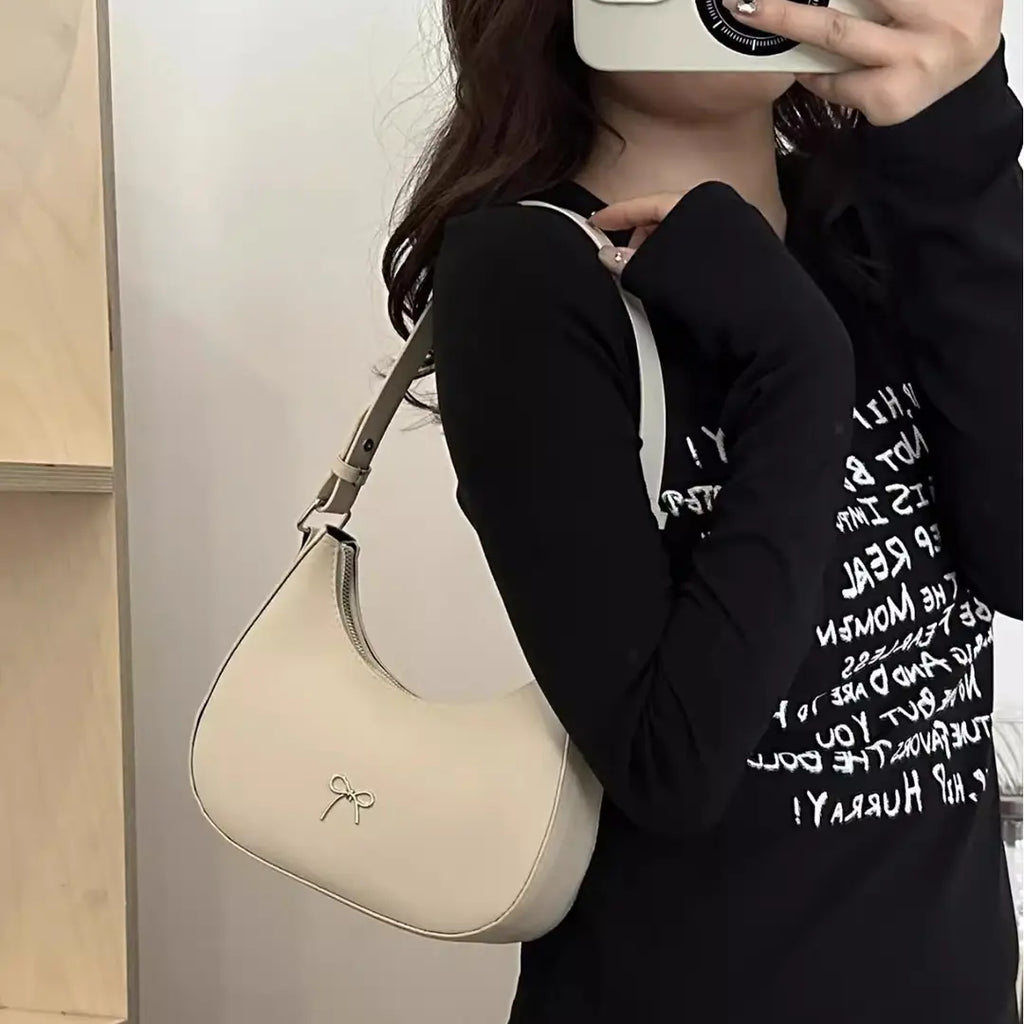 White Crescent Shaped Shoulder Bag with Bow Detail
