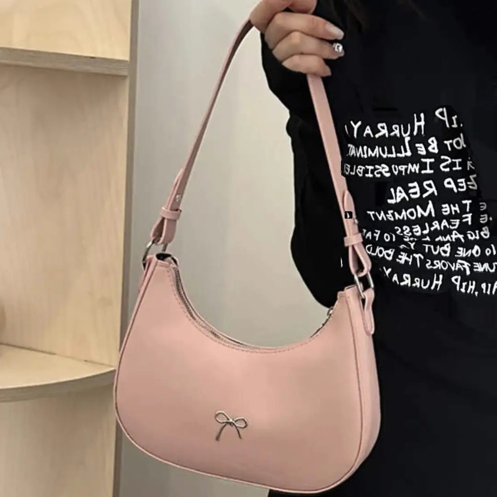 White Crescent Shaped Shoulder Bag with Bow Detail