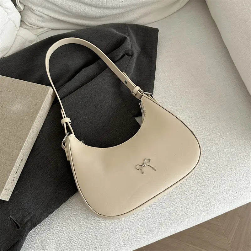 White Crescent Shaped Shoulder Bag with Bow Detail
