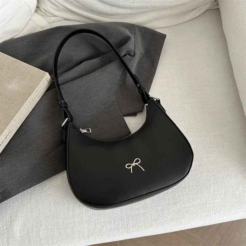 White Crescent Shaped Shoulder Bag with Bow Detail