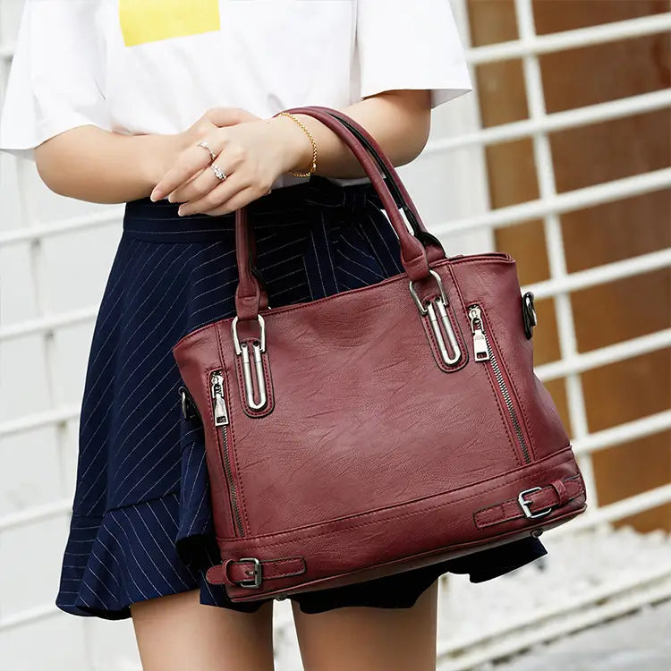 Red Faux Leather Tote Bag for Women with Adjustable Strap