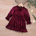 Wine Red Fleece Dress for Girls Ruffled Hem