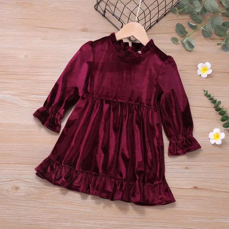 Wine Red Fleece Dress for Girls Ruffled Hem