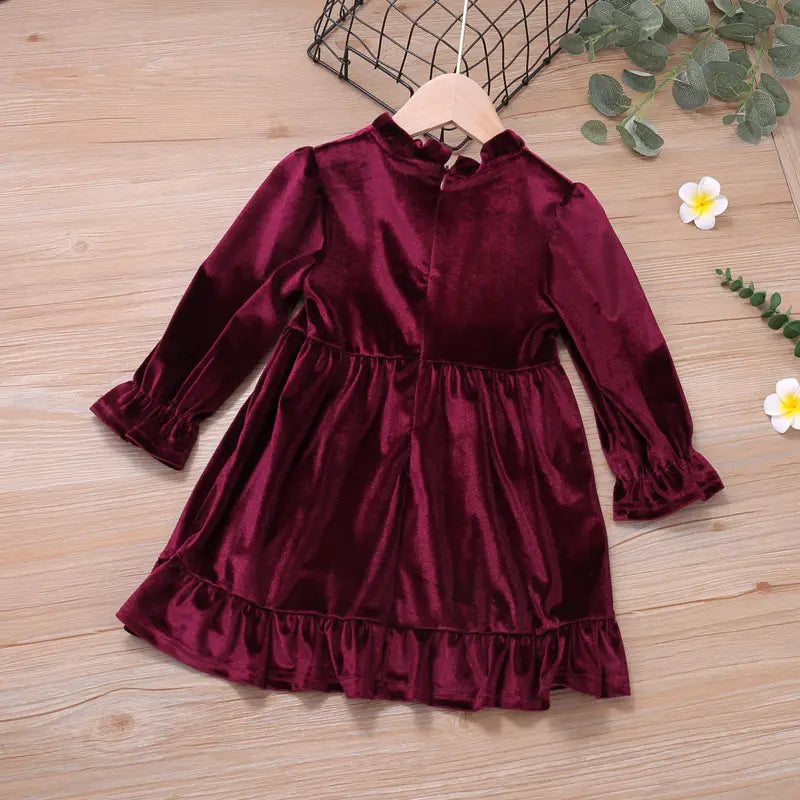 Wine Red Fleece Dress for Girls Ruffled Hem