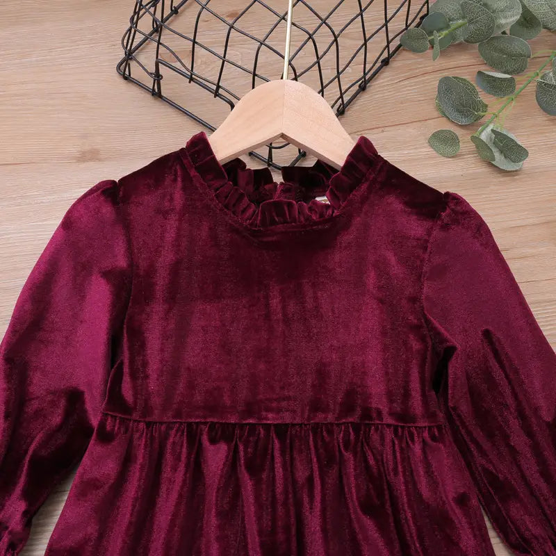 Wine Red Fleece Dress for Girls Ruffled Hem