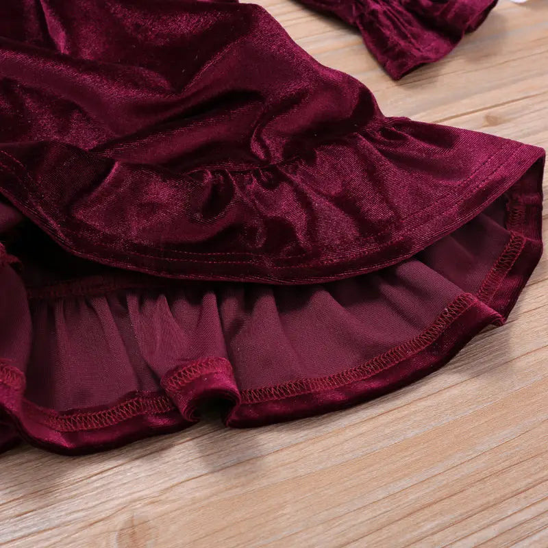 Wine Red Fleece Dress for Girls Ruffled Hem