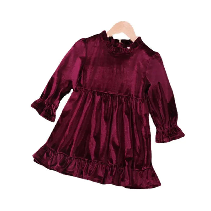 Wine Red Fleece Dress for Girls Ruffled Hem