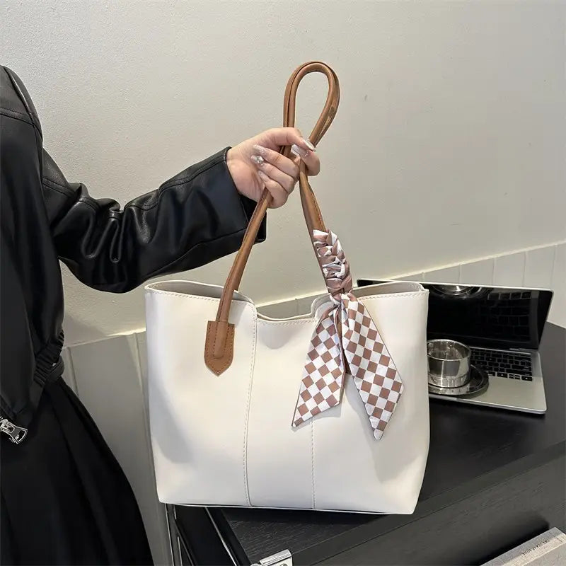 Premium Silk Tote Bag White with Scarf Accent