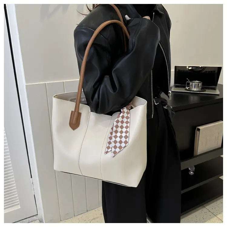 Premium Silk Tote Bag White with Scarf Accent
