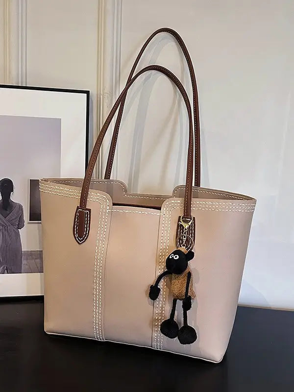Stylish Beige Tote Bag with Pendant for Women