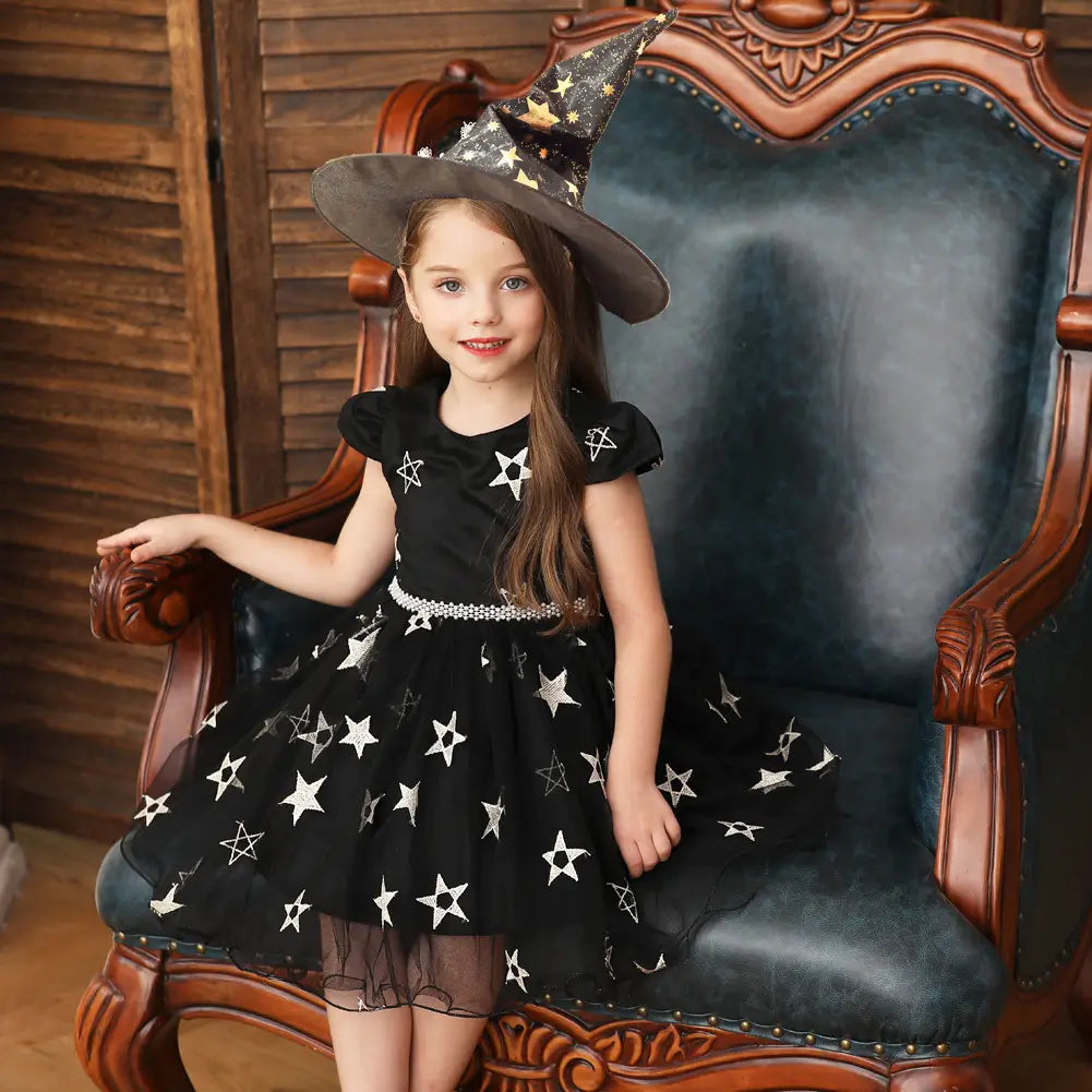 Kids Purple Starry Witch Dress Halloween Party Costume