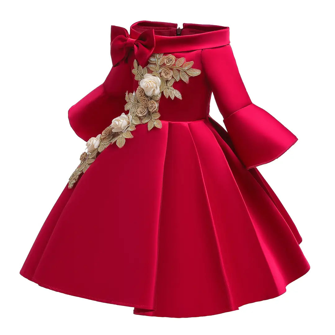 Girls Off-Shoulder Floral Party Dress Red Green Pink Beige