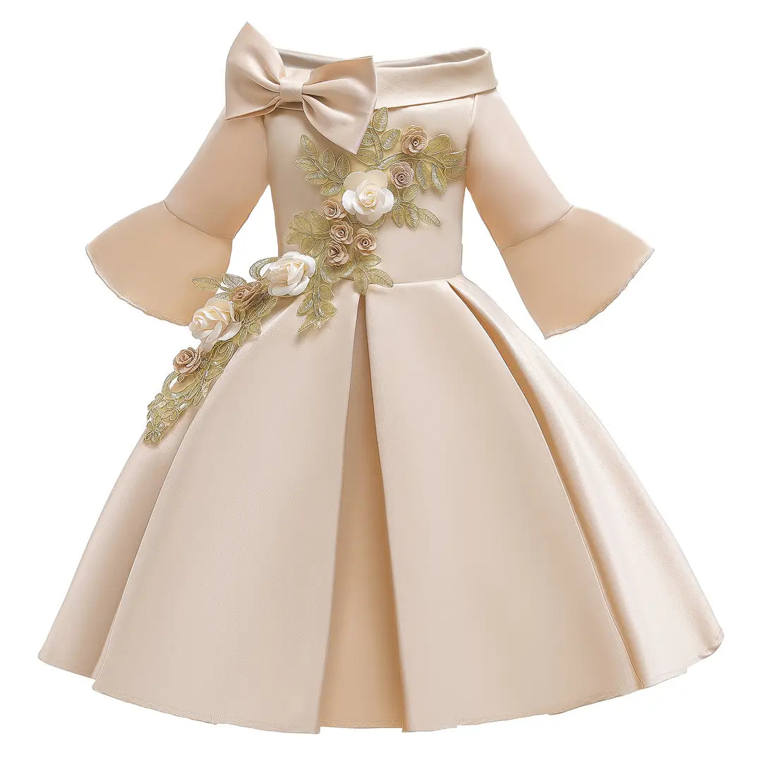 Girls Off-Shoulder Floral Party Dress Red Green Pink Beige