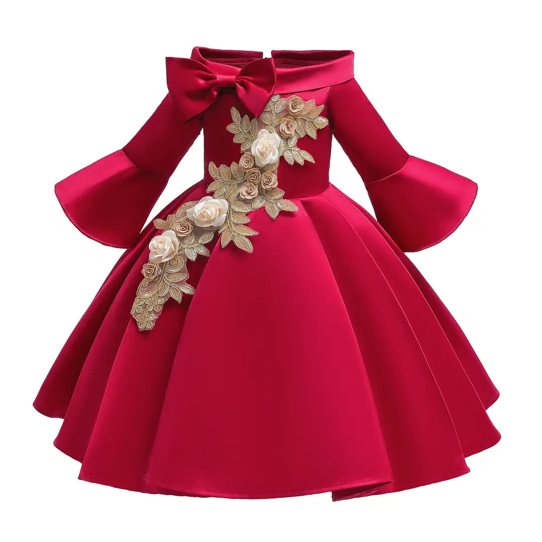 Girls Off-Shoulder Floral Party Dress Red Green Pink Beige