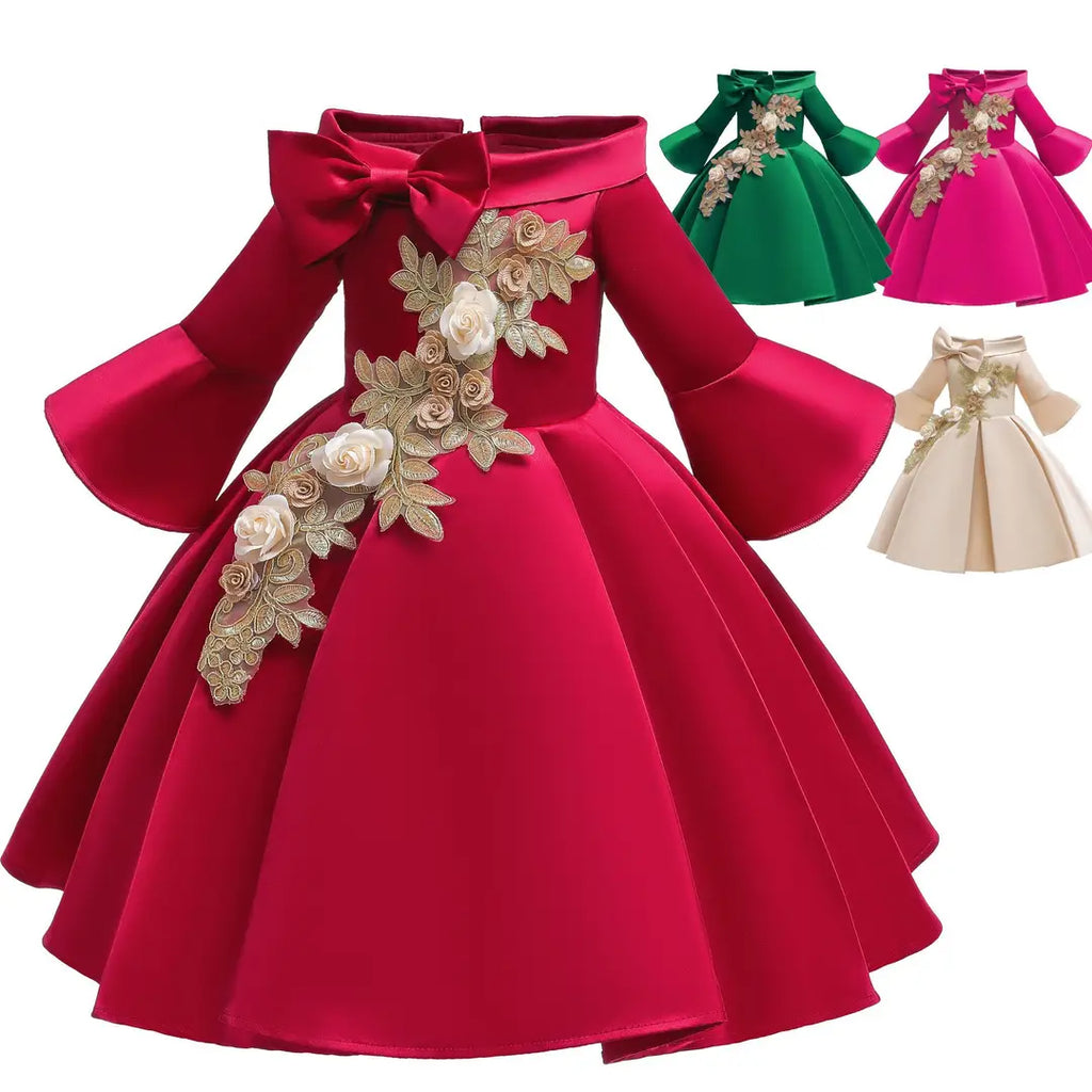 Girls Off-Shoulder Floral Party Dress Red Green Pink Beige