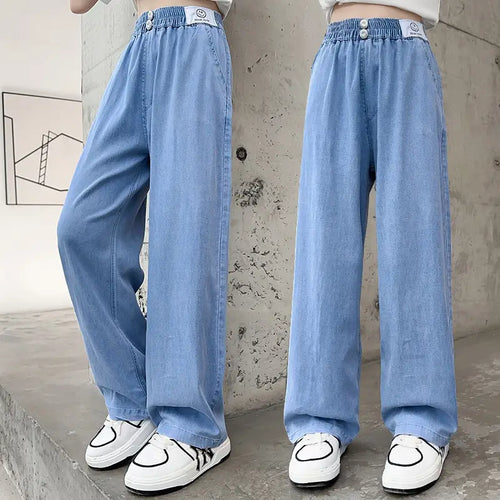 Wide Leg Denim Jeans for Girls Blue Summer Casual