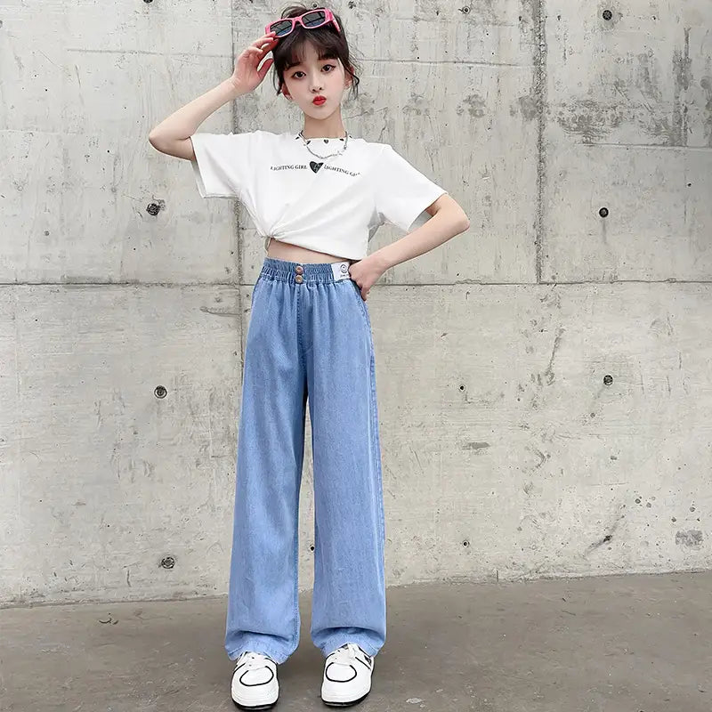 Wide Leg Denim Jeans for Girls Blue Summer Casual