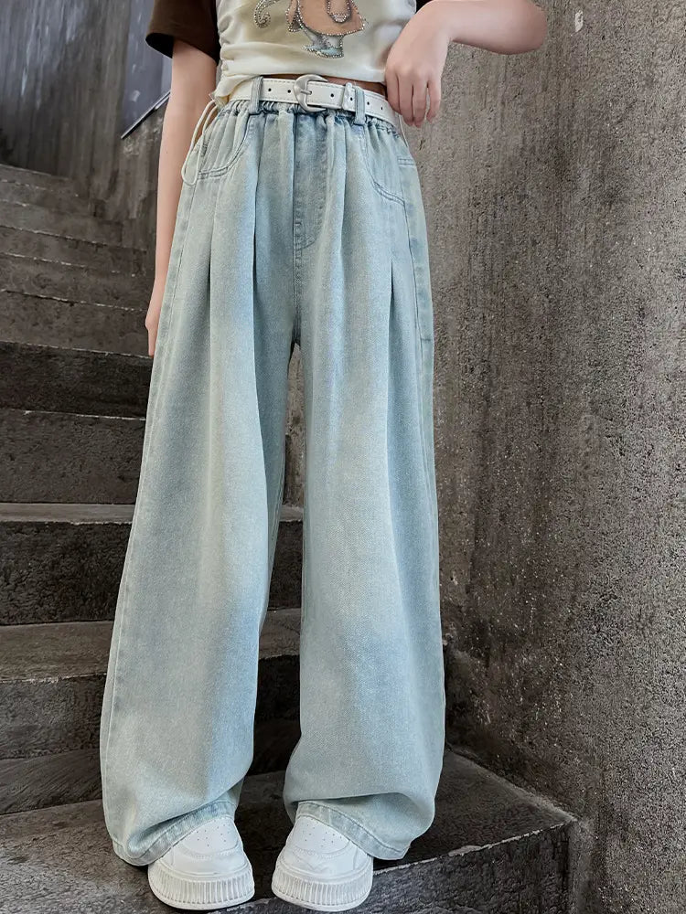 Wide Leg Jeans Light Blue Cotton Autumn Wear