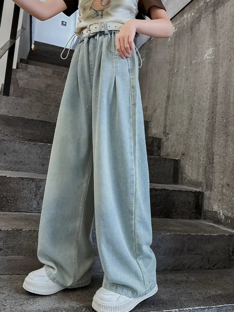 Wide Leg Jeans Light Blue Cotton Autumn Wear