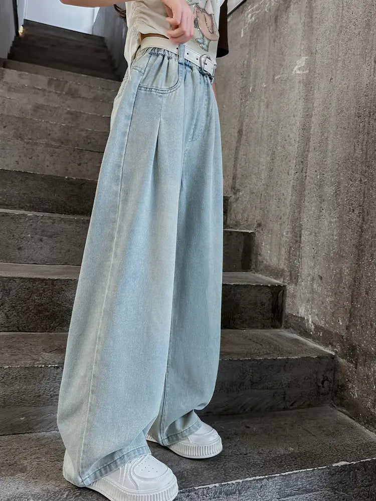 Wide Leg Jeans Light Blue Cotton Autumn Wear