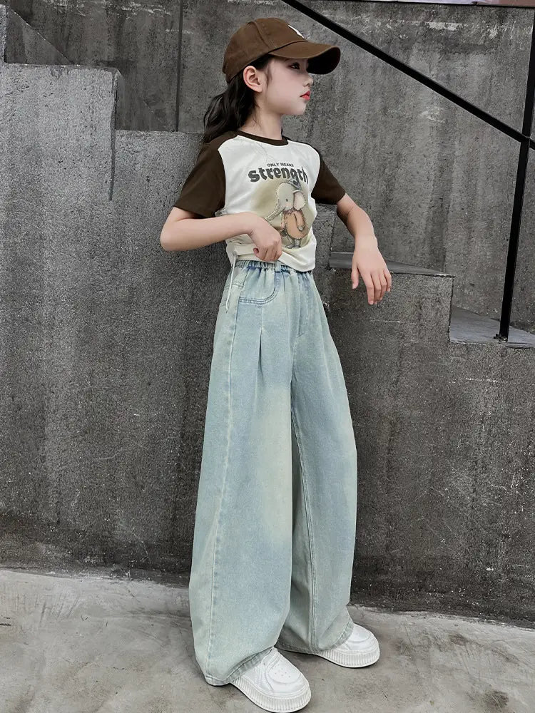 Wide Leg Jeans Light Blue Cotton Autumn Wear