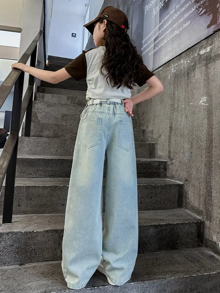 Wide Leg Jeans Light Blue Cotton Autumn Wear