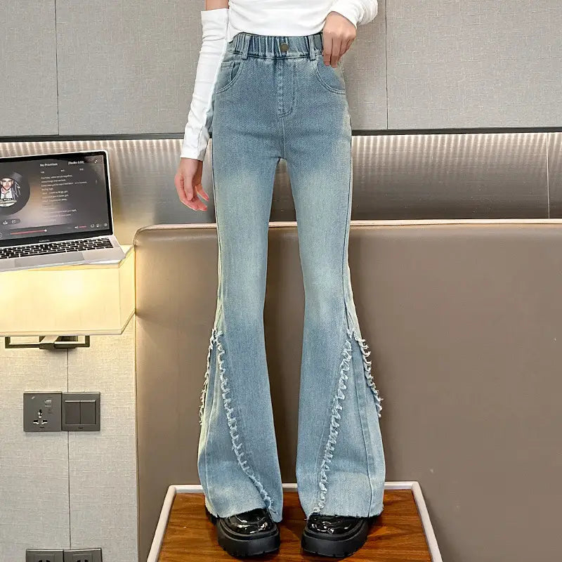 Light Blue Bell-Flare Jeans with Raw Edge Detail