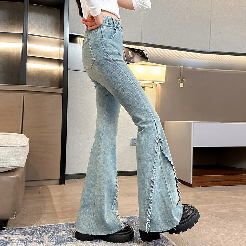Light Blue Bell-Flare Jeans with Raw Edge Detail