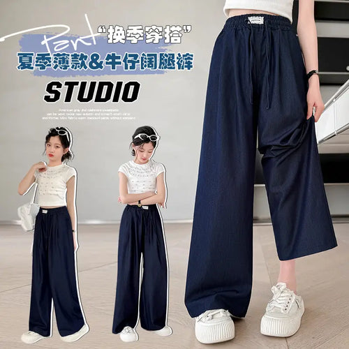 Ice Silk Wide Leg Pants Dark Blue Summer
