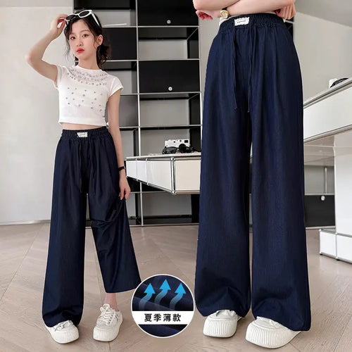 Ice Silk Wide Leg Pants Dark Blue Summer