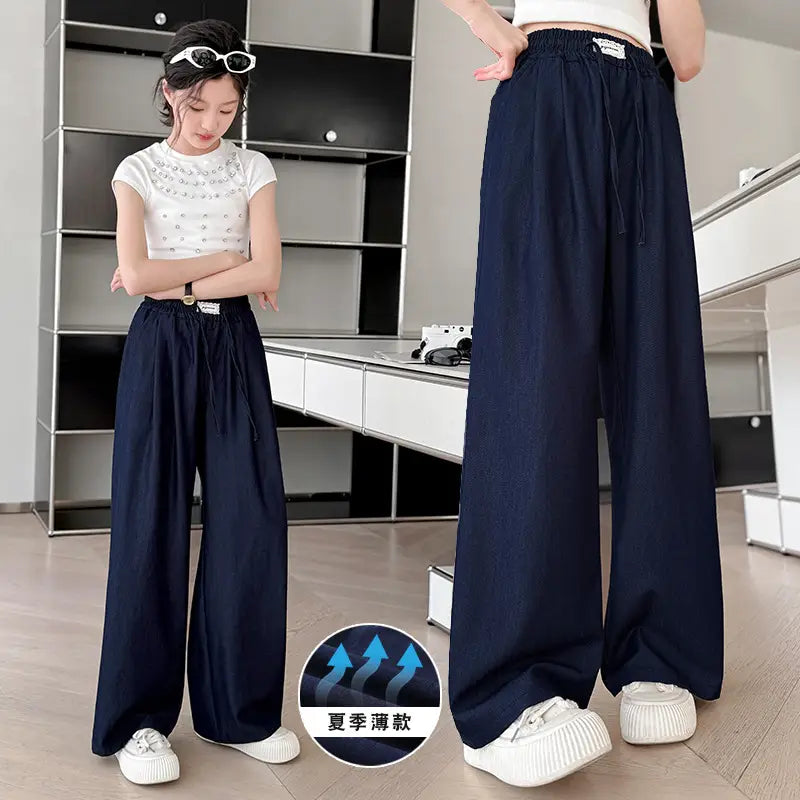 Ice Silk Wide Leg Pants Dark Blue Summer