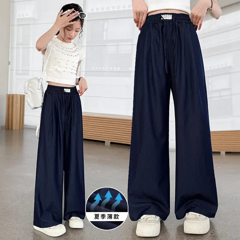 Ice Silk Wide Leg Pants Dark Blue Summer