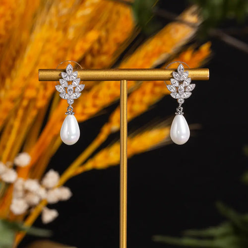 Pearl Drop Earrings Gold Plated Zircon Leaf Design