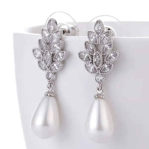 Pearl Drop Earrings Gold Plated Zircon Leaf Design