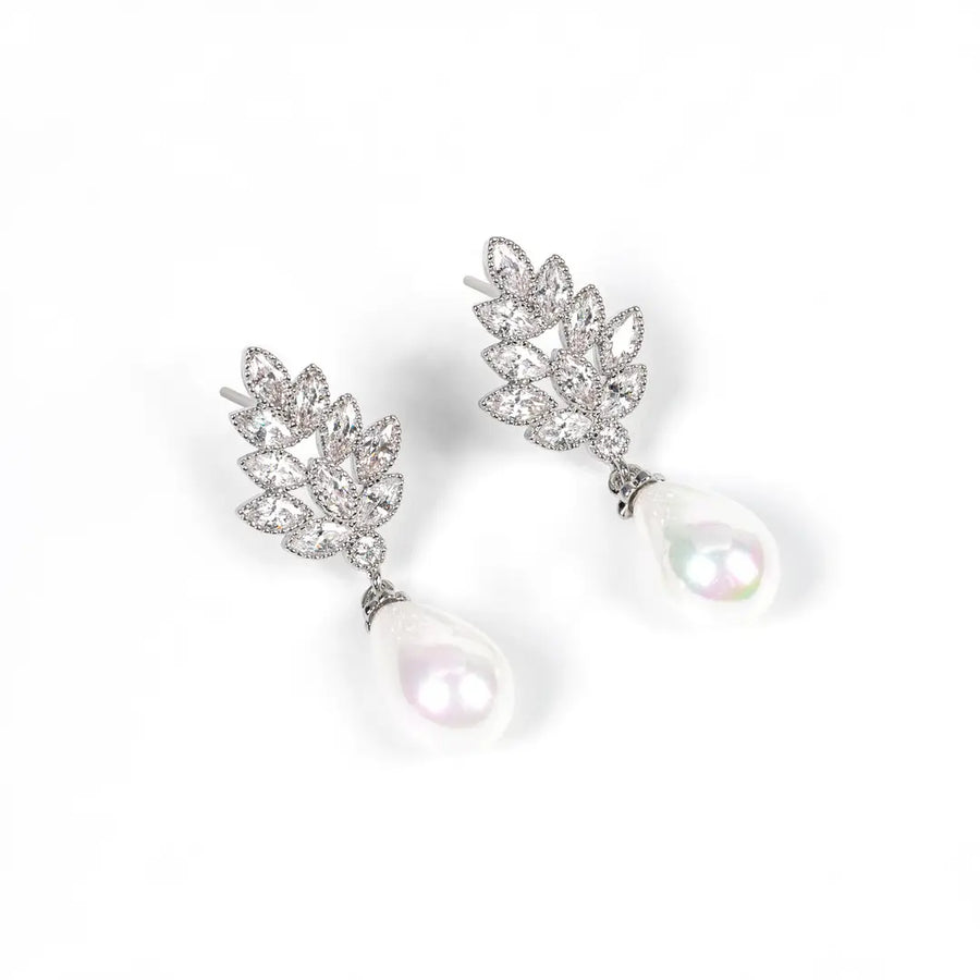 Pearl Drop Earrings Gold Plated Zircon Leaf Design