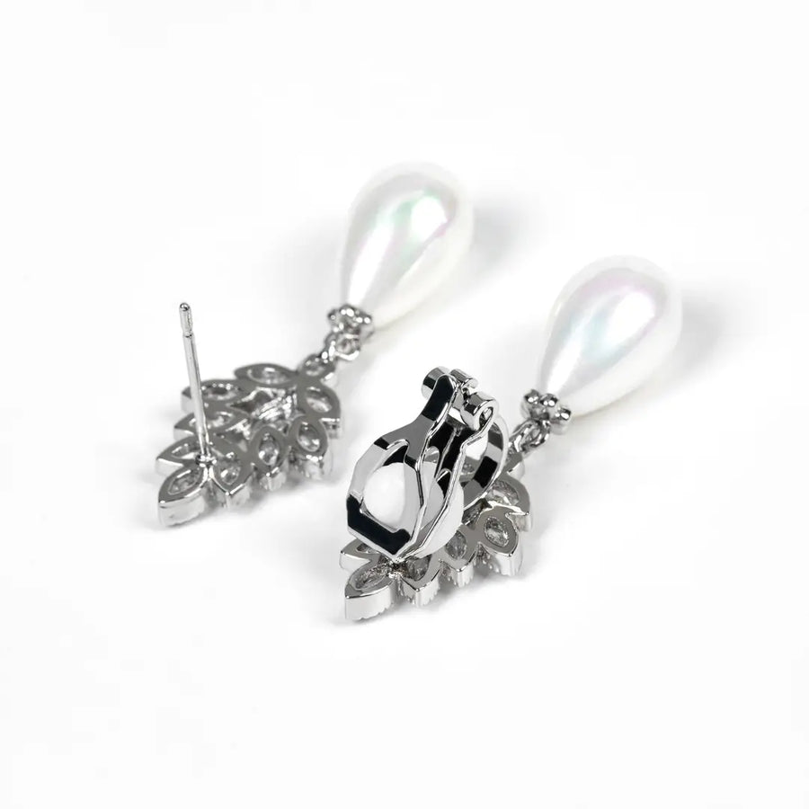 Pearl Drop Earrings Gold Plated Zircon Leaf Design