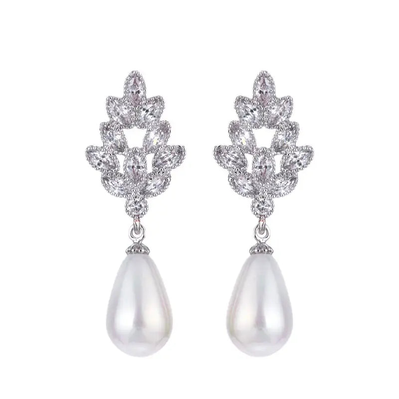 Pearl Drop Earrings Gold Plated Zircon Leaf Design