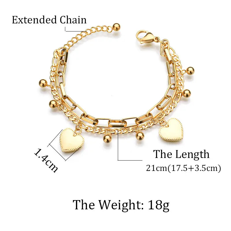 Gold Heart Charm Bracelet for Women Stainless Steel