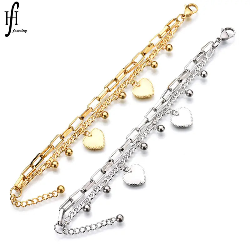 Gold Heart Charm Bracelet for Women Stainless Steel
