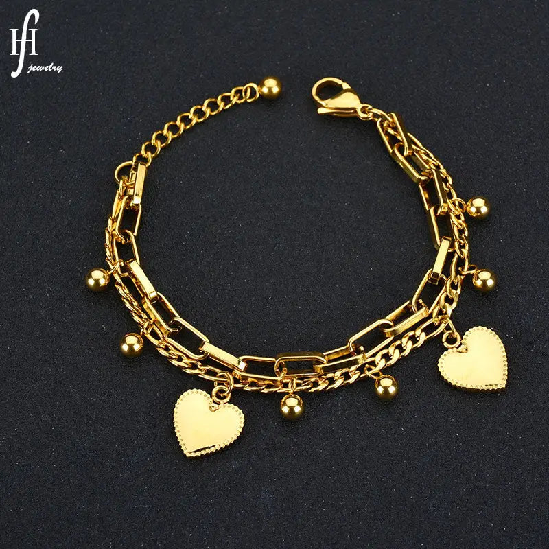 Gold Heart Charm Bracelet for Women Stainless Steel