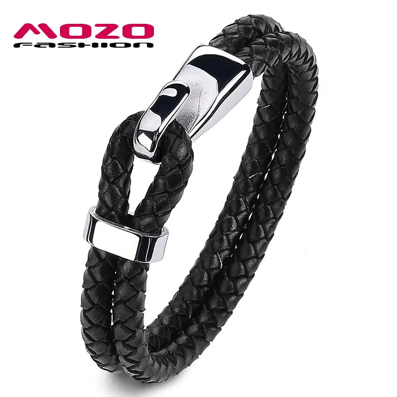 Stainless Steel Braided Leather Bracelet Black Men
