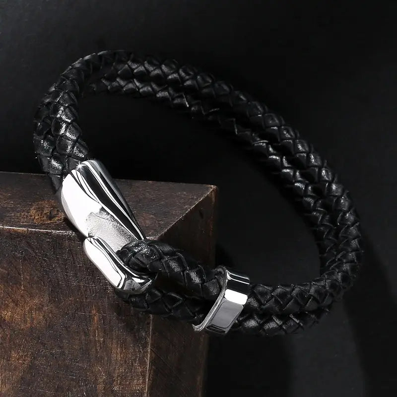 Stainless Steel Braided Leather Bracelet Black Men