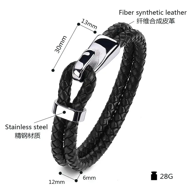 Stainless Steel Braided Leather Bracelet Black Men