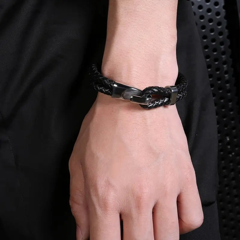 Stainless Steel Braided Leather Bracelet Black Men
